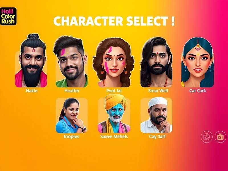 Holi Color Rush Characters - Choose Your Favorite Holi Color Rush character selection screen showing diverse Indian characters